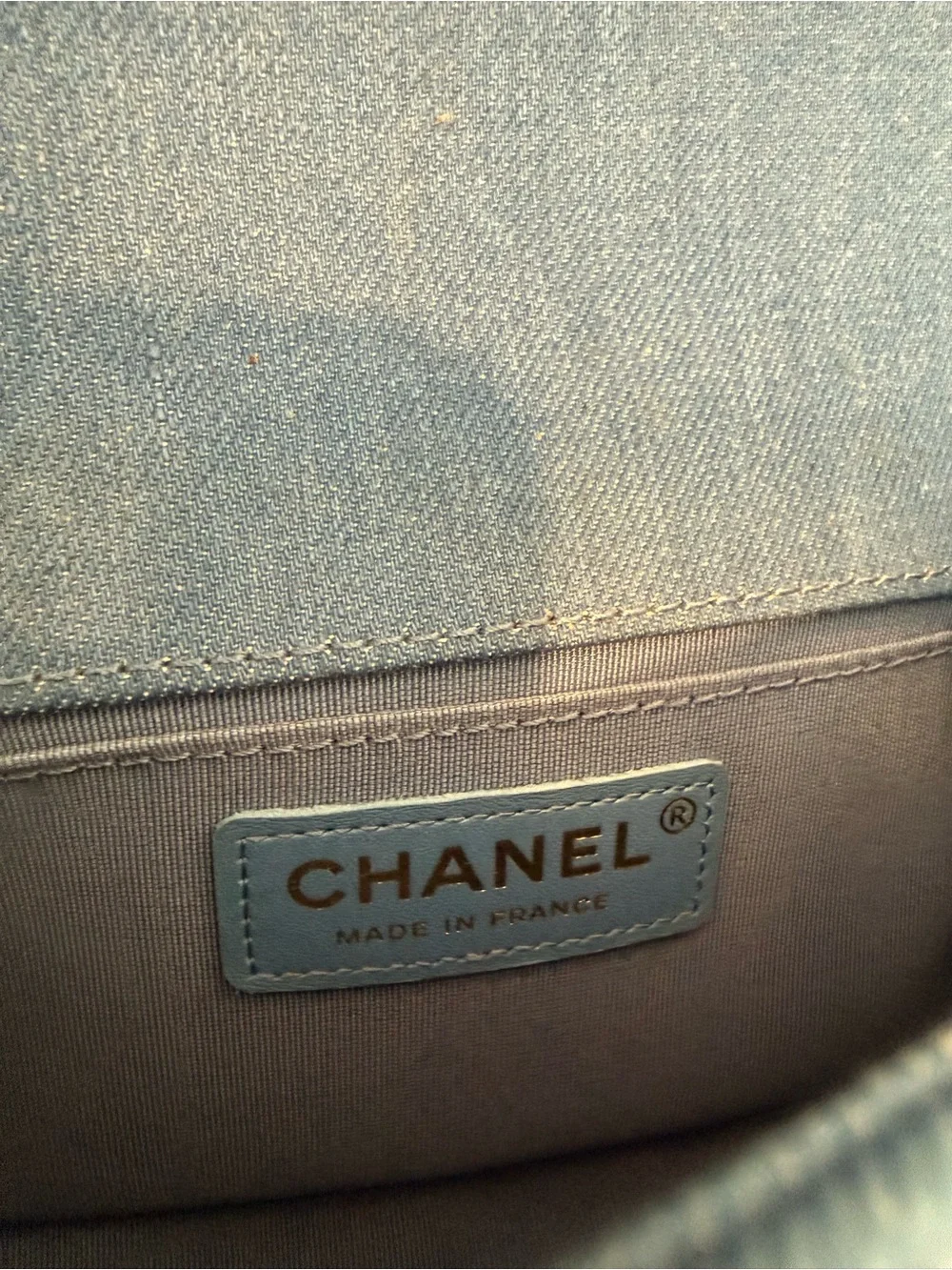 CHANEL Pleated Blue Denim Small Boy Bag with Champagne Gold Hardware